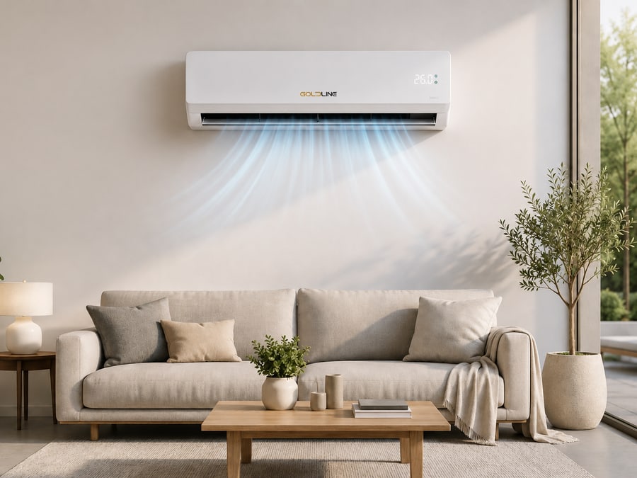 Goldline wall-mounted split air conditioner in a modern residential interior