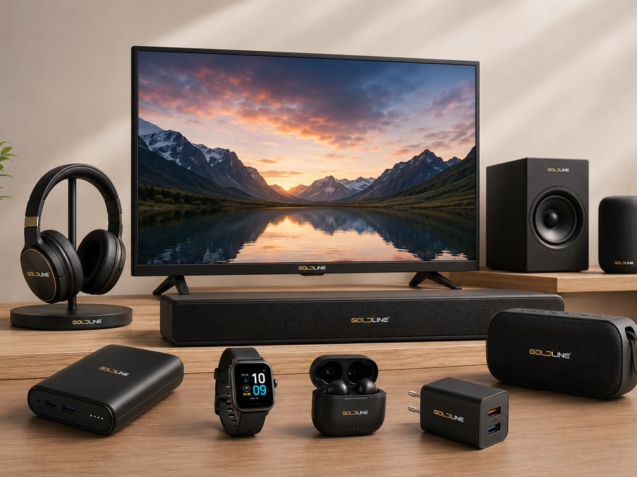 Goldline consumer electronics range — television, soundbar, headphones, speakers, smartwatch and accessories