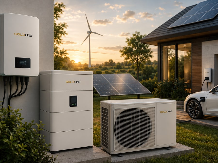 Goldline green-energy system — solar inverter, battery storage and heat-pump unit at a residential property