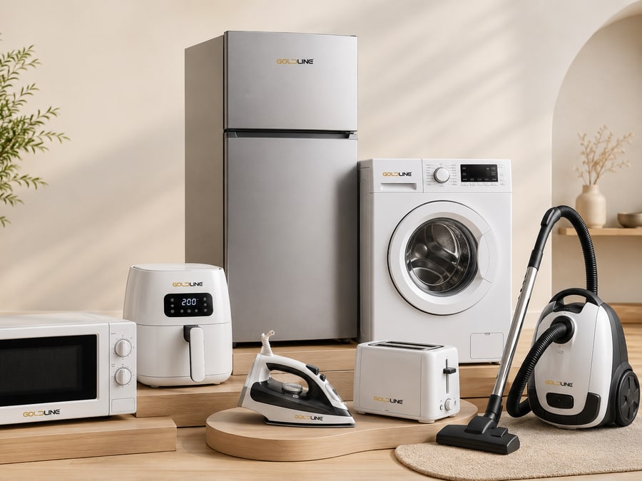 Goldline domestic appliance range — refrigerator, washing machine, microwave, iron, toaster and vacuum