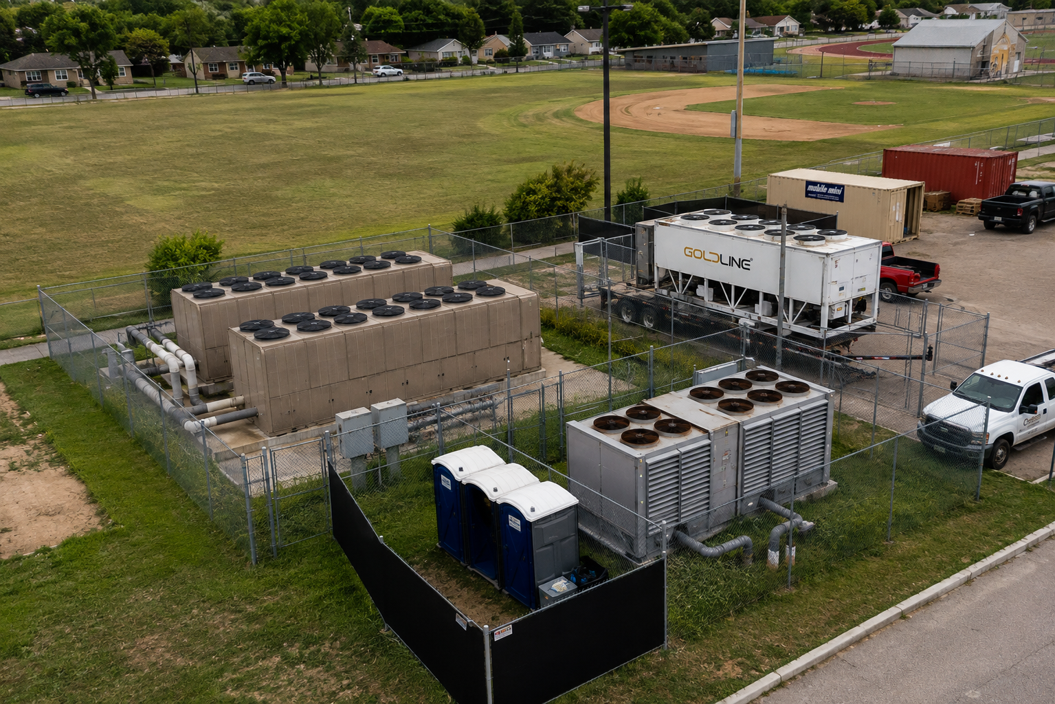 Goldline mobile chiller unit deployed alongside packaged rooftop AC equipment on a campus site