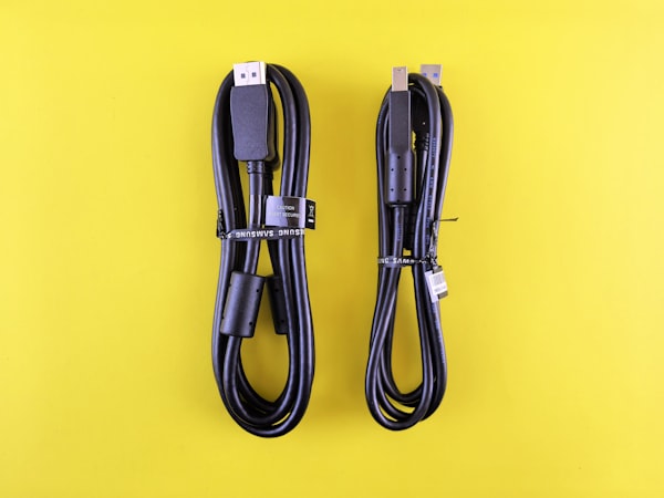 Coiled black electronic cables