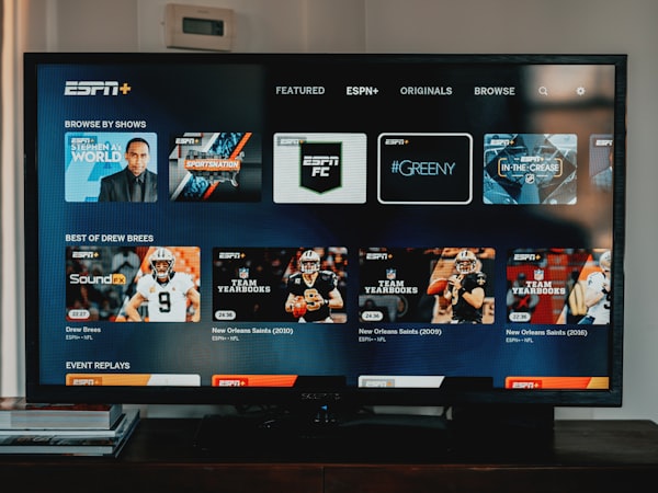 Flat-screen TV on a wooden table