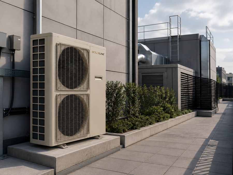 Ceiling-mounted cassette air conditioner in a commercial interior