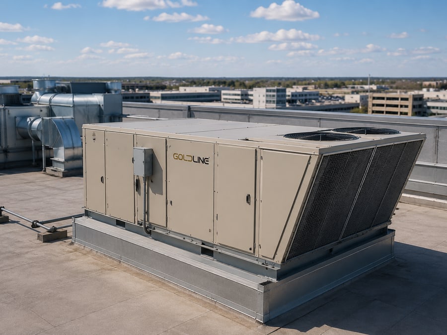 Rooftop packaged air conditioning units on a commercial building