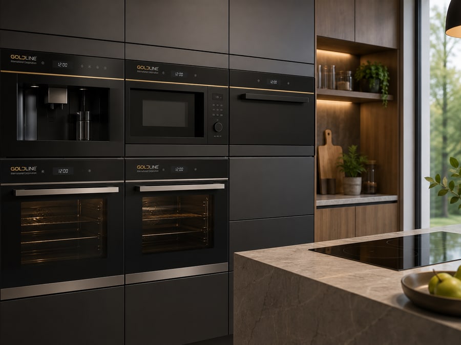 Modern kitchen with built-in appliances in joinery